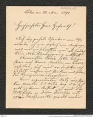 Nachlass Franz Steindachner, Brief von Wilhelm Mörth an Franz Steindachner (23.05.1891), Inv.Nr. 352.03, Seite 1